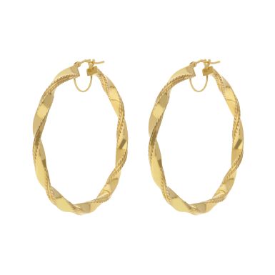 New 9ct Yellow Gold 50mm Twisted Patterned Edge Hoop Earrings