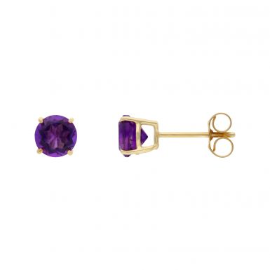 New 9ct Yellow Gold Round Amethyst Stud Design Earrings