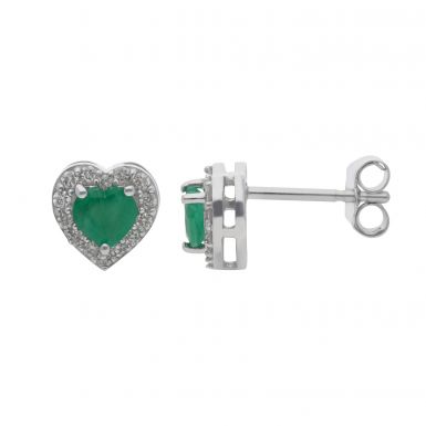 New 9ct White Gold Emerald & Diamond Heart Stud Earrings