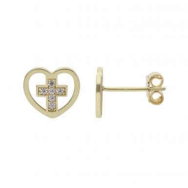New 9ct Yellow Gold Cubic Zirconia Cross Heart Stud Earrings