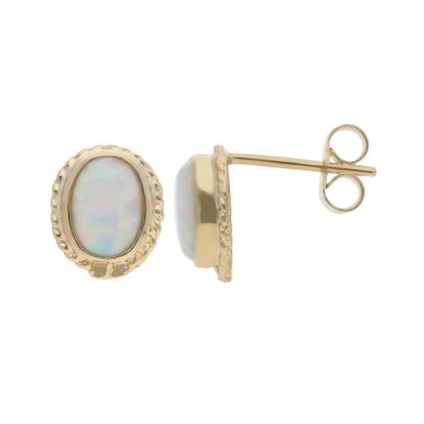 New 9ct Yellow Gold Rope Edge Cultured Opal Stud Earrings