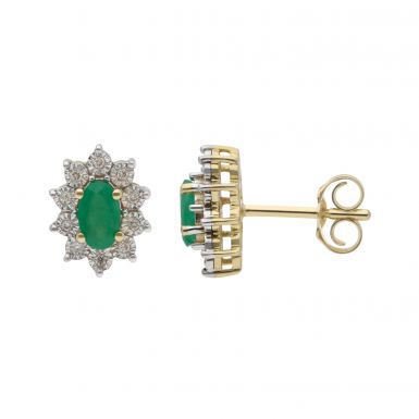 New 9ct Yellow Gold Emerald & Diamond Oval Cluster Stud Earrings