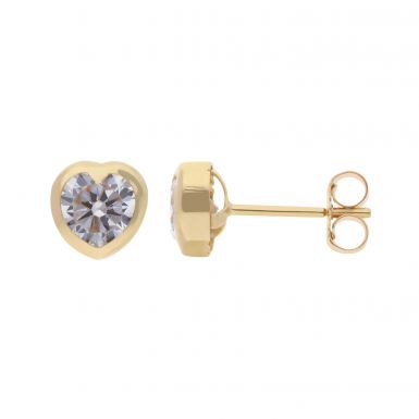 New 9ct Yellow Gold Heart Shaped Cubic Zirconia Stud Earrings