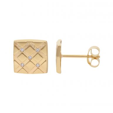 New 9ct Yellow Gold Square Cubic Zirconia Set Stud Earrings