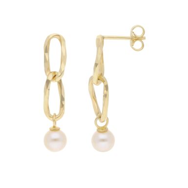 New 9ct Yellow Gold Double Link Pearl Drop Earrings