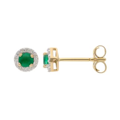 New 9ct Yellow Gold Emerald & Diamond Round Stud Earrings