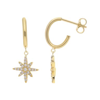 New 9ct Yellow Gold Gem Set North Star Hoop Earrings