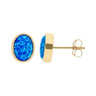 New 9ct Yellow Gold Blue Cultued Opal Oval Stud Earrings