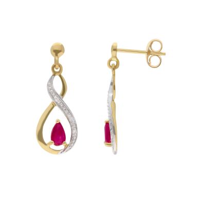 New 9ct Yellow Gold Ruby & Diamond Drop Earrings