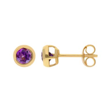 New 9ct Yellow Gold Round Amethyst Stud Earrings