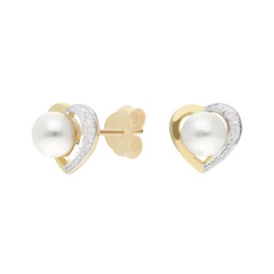 New 9ct Yellow Gold Cultured Pearl & Diamond Heart Stud Earrings