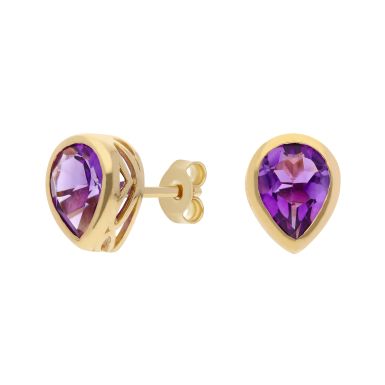 New 9ct Yellow Gold Pear Shaped Amethyst Stud Earrings