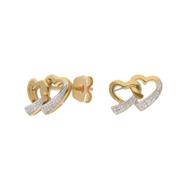 New 9ct Yellow Gold Diamond Double Heart Stud Earrings