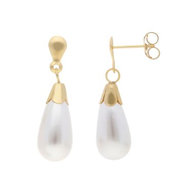 New 9ct Yellow Gold Faux Pearl Drop Earrings