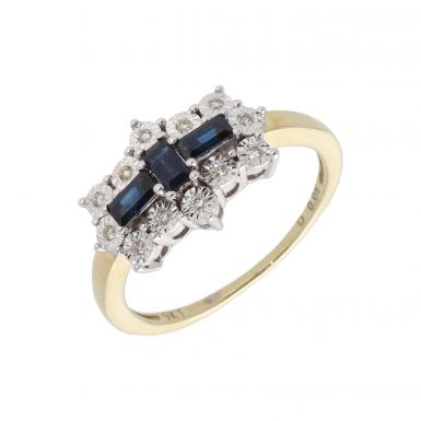 New 9ct Yellow Gold Sapphire & Diamond Boat Cluster Ring