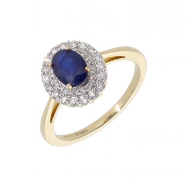 New 9ct Yellow Gold Sapphire & Diamond Oval Halo Cluster Ring