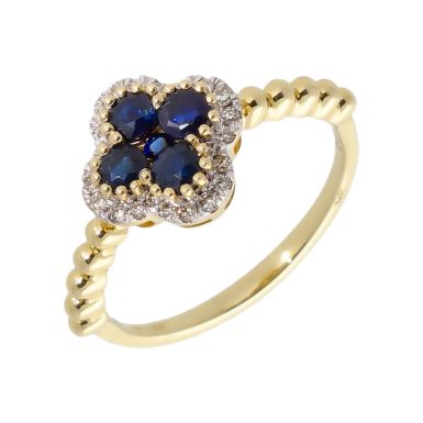 New 9ct Yellow Gold Sapphire & Diamond Four-Leaf Clover Ring