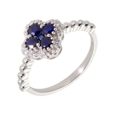 New 9ct White Gold Sapphire & Diamond Four-Leaf Clover Ring