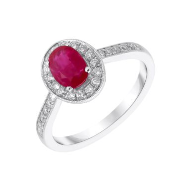 New 9ct White Gold Ruby & Diamond Halo Cluster Ring