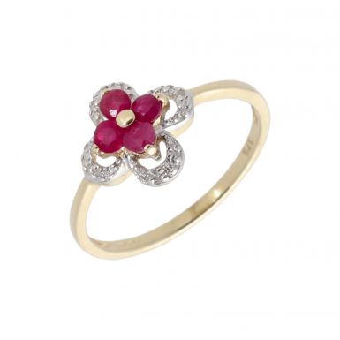 New 9ct Yellow Gold Ruby & Diamond Flower Cluster Dress Ring