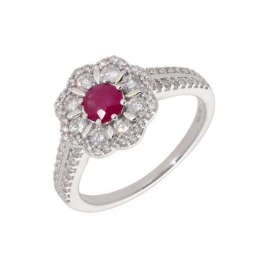 New 9ct White Gold Ruby & Diamond Vintage Style Cluster Ring