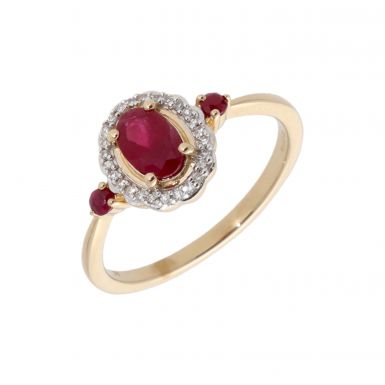 New 9ct Yellow Gold Ruby & Diamond Vintage Style Cluster Ring
