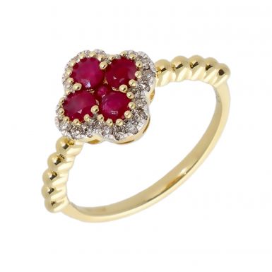 New 9ct Yellow Gold Ruby & Diamond Four-Leaf Clover Cluster Ring