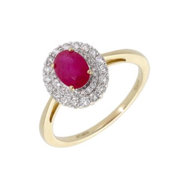New 9ct Yellow Gold Ruby & Diamond Oval Halo Cluster Ring