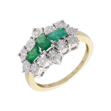 New 9ct Yellow Gold Emerald & Diamond Boat Shaped Cluster Ring