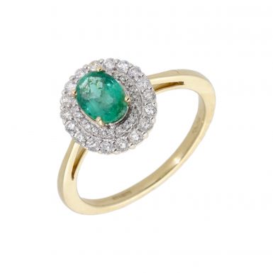 New 9ct Yellow Gold Emerald & Diamond Oval Halo Cluster Ring