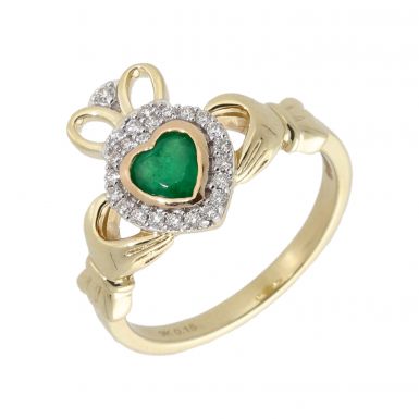 New 9ct Yellow Gold Emerald & Diamond Claddagh Ring