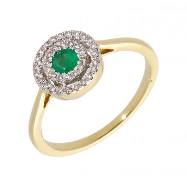 New 9ct Yellow Gold Emerald & Diamond Round Halo Cluster Ring