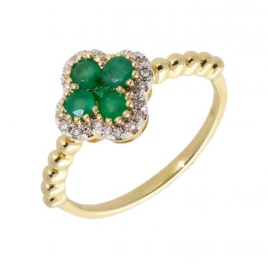 New 9ct Yellow Gold Emerald & Diamond Four-Leaf Clover Ring