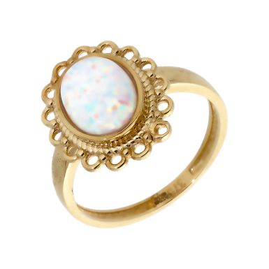 New 9ct Yellow Gold Cultured Opal Filigree Edge Oval Ring
