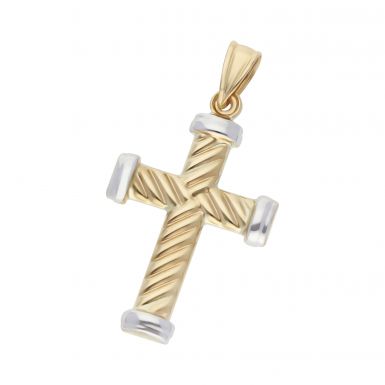 New 9ct Yellow & White Gold Ribbed Effect Cross Pendant