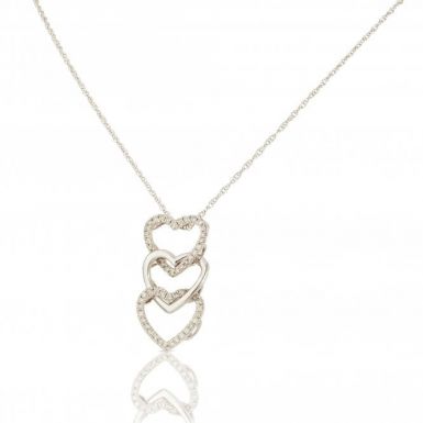 New 9ct White Gold Diamond Set Triple Heart Pendant Necklace