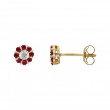 New 9ct Yellow Gold Ruby & Diamond Cluster Stud Earrings