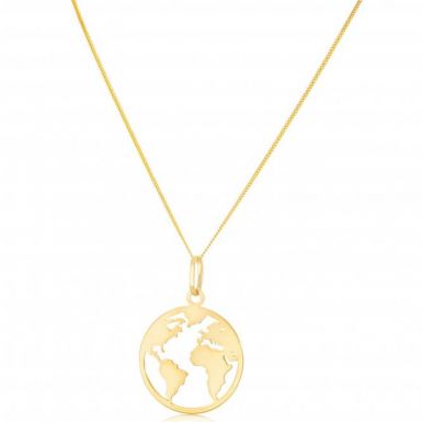 New 9ct Yellow Gold World Map Pendant & 18 Inch Chain Necklace