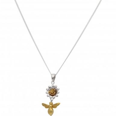 New Sterling Silver & Gold Plate Bee & Flower Pendant & Necklace