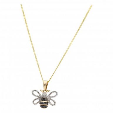 New 9ct Gold Black & White Diamond Bumble Bee 18 Inch Necklace