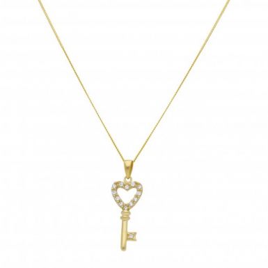 New 9ct Yellow Gold Cubic Zirconia Key Pendant & Chain Necklace