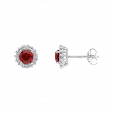 New Sterling Silver Red Cubic Zirconia Halo Stud Earrings