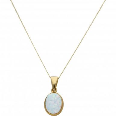 New 9ct Yellow Gold Cultured Opal Pendant & 18 Inch Necklace