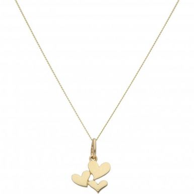 New 9ct Yellow Gold 3 Hearts Pendant & 18" Chain Necklace