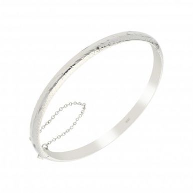New Sterling Silver Engraved Ladies Bangle with Safety Chain