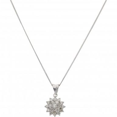 New 9ct White Gold 1.00ct Diamond Cluster Pendant & 18" Necklace