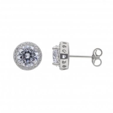 New Sterling Silver Cubic Zirconia Round Halo Stud Earrings