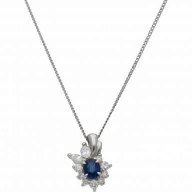 New 850 Platinum Sapphire & Diamond Pendant & 16" Chain Necklace