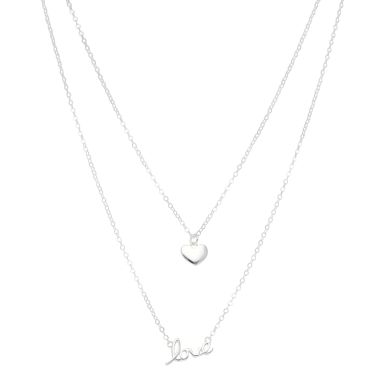 New Sterling Silver Double Row Heart & Love Necklace