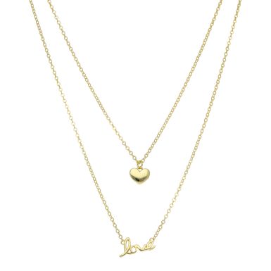 New Gold Plated Sterling Silver Double Row Heart & Love Necklace